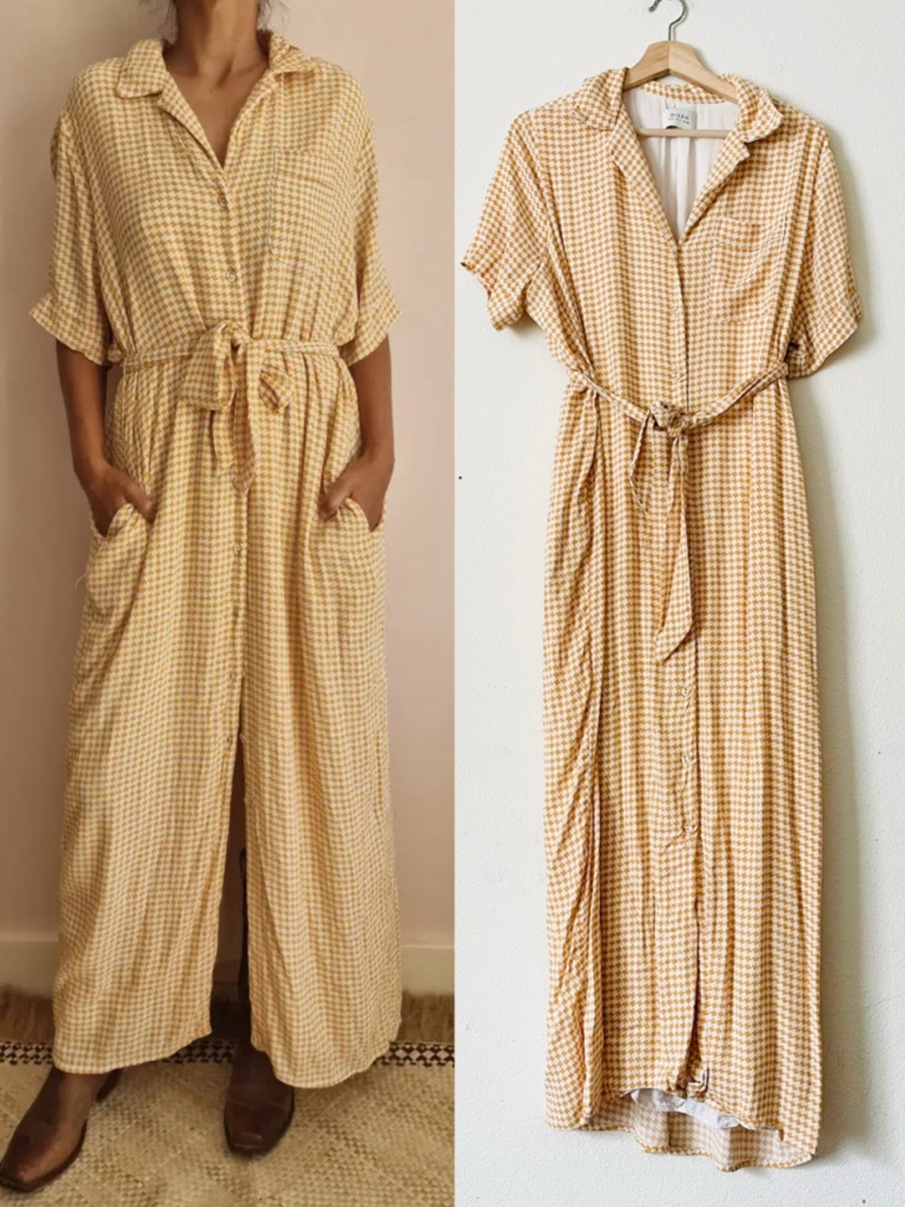DISSH SIZE 4 yellow white houndstooth shirt maxi dress with waist tie belt